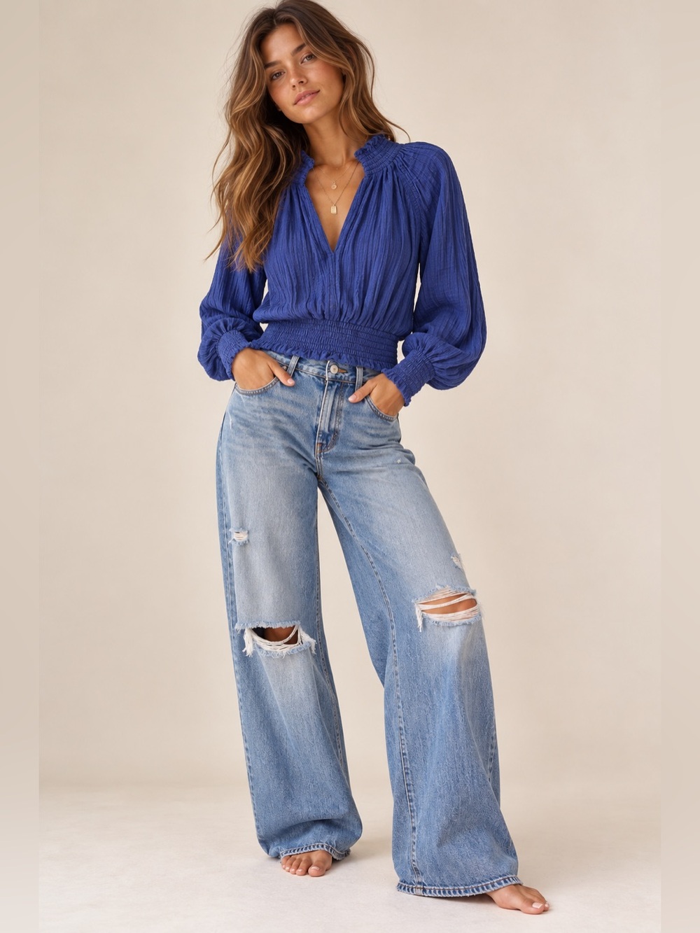 Free People Smocked Waist Peasant Blouse - Royal Blue